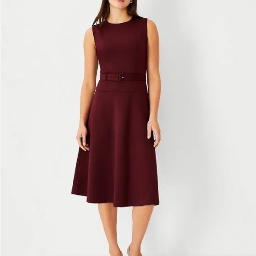 Ann Taylor Petite belted sleeveless flare dress 2P bold Bordeaux color
